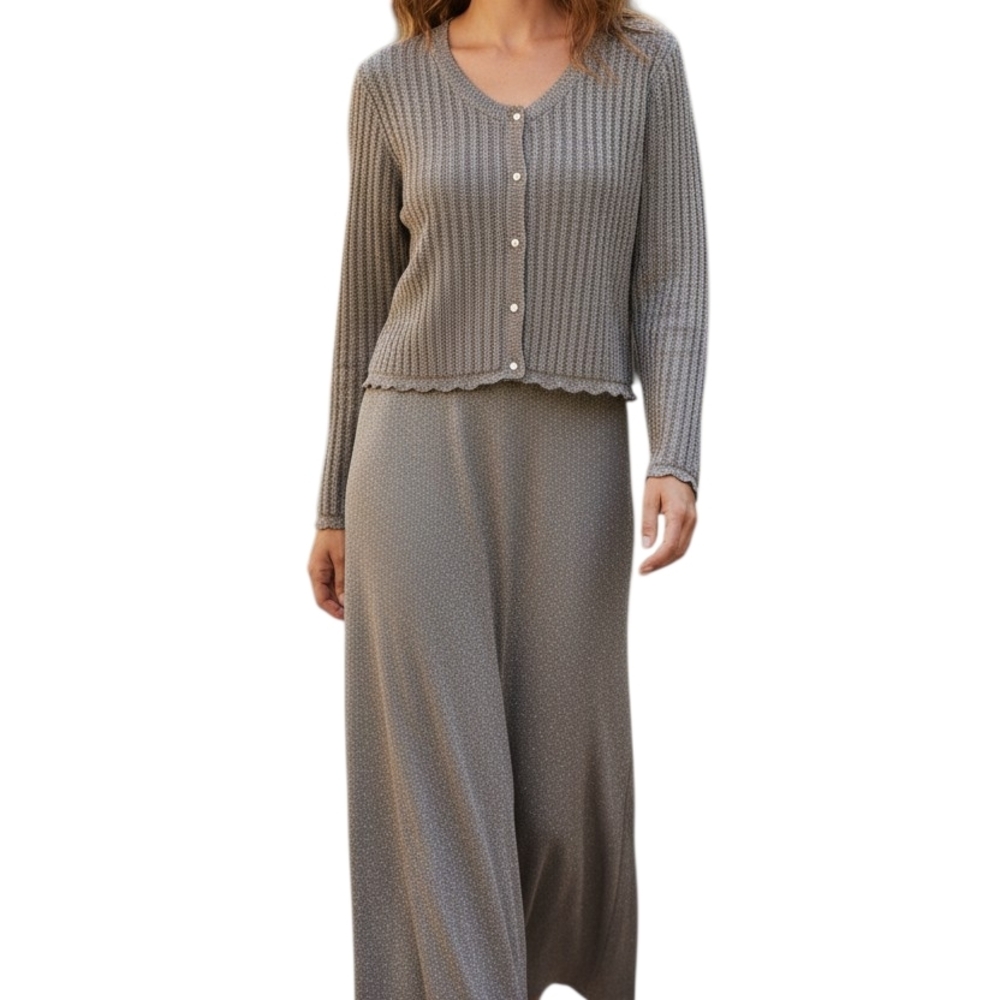 Taylor 2PC Silver Metallic Evening Ribbed Sweater Maxi Dress Set Cardigan L